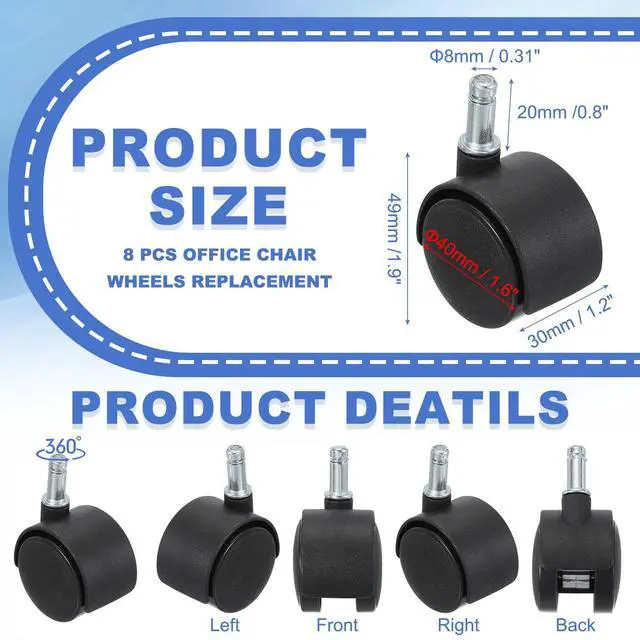 Alt view image 2 of 7 - Office Chair Wheels Replacement 5/16", 8 Pcs Nylon Heavy Duty Office Furniture Casters Wheels with Universal Wheel for Hardwood Floor Carpet, Black(Standard Stem)