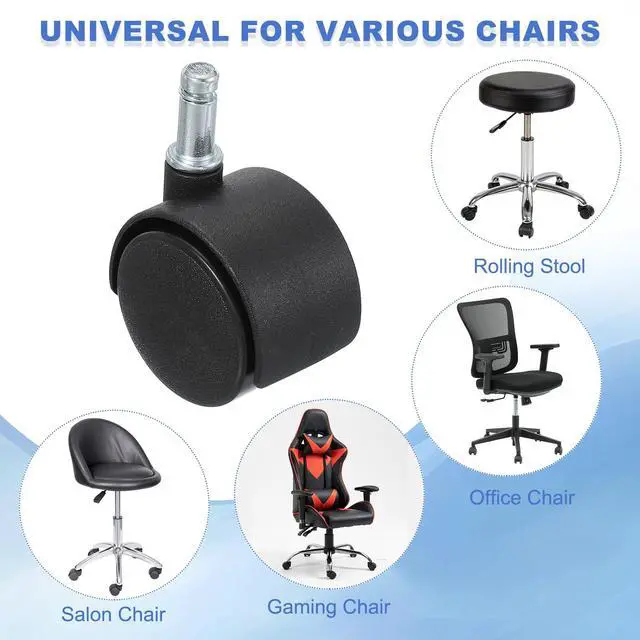 Alt view image 4 of 7 - Office Chair Wheels Replacement 5/16", 8 Pcs Nylon Heavy Duty Office Furniture Casters Wheels with Universal Wheel for Hardwood Floor Carpet, Black(Standard Stem)
