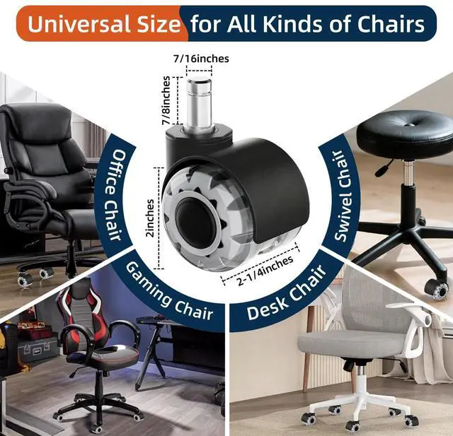 Alt view image 2 of 7 - 2'' Office Chair Wheels, Heavy Duty Desk Chair Caster Wheels Replacement, Mute Rubber Rotating Chair Wheels for Hardwood, Floors, Carpet, Universal Standard Stem Size Fit, Set of 5 (Grey)