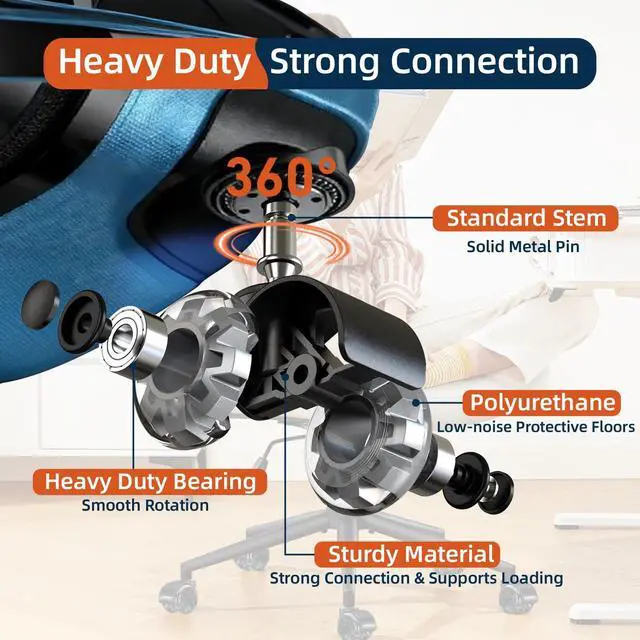Alt view image 5 of 7 - 2'' Office Chair Wheels, Heavy Duty Desk Chair Caster Wheels Replacement, Mute Rubber Rotating Chair Wheels for Hardwood, Floors, Carpet, Universal Standard Stem Size Fit, Set of 5 (Grey)