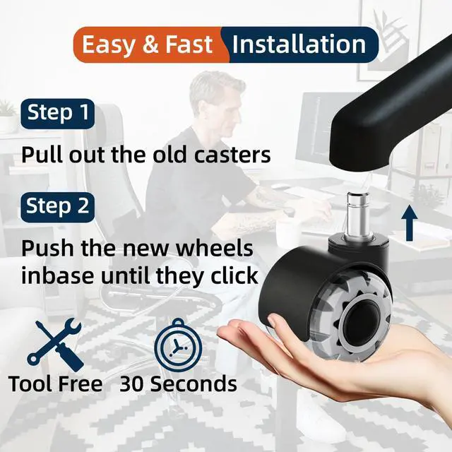Alt view image 7 of 7 - 2'' Office Chair Wheels, Heavy Duty Desk Chair Caster Wheels Replacement, Mute Rubber Rotating Chair Wheels for Hardwood, Floors, Carpet, Universal Standard Stem Size Fit, Set of 5 (Grey)