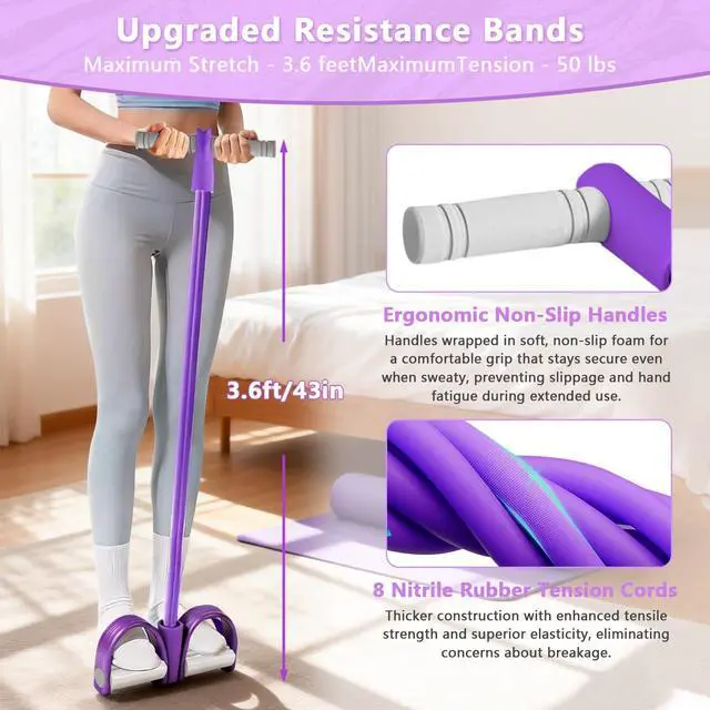 Alt view image 4 of 7 - 8-Tubes Pedal Resistance Band with Handle, Multifunction Exercise Rope for Working Out, Foot Pedal Resistance Band for Abdomen, Waist, Arm, Leg, Pur