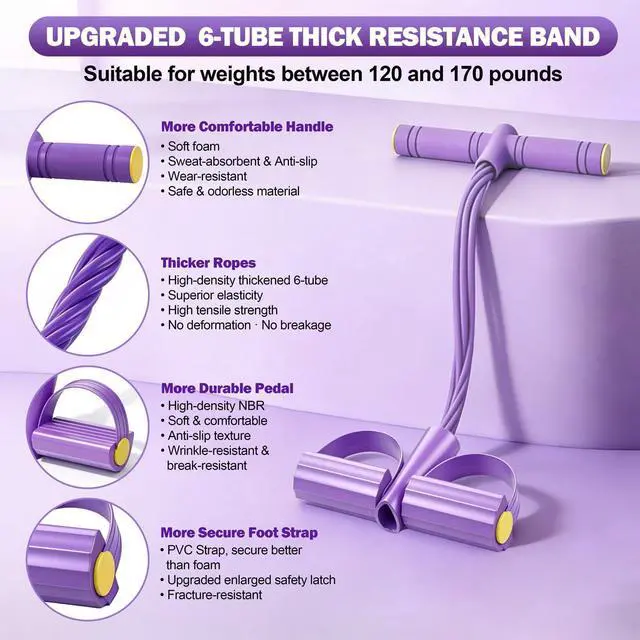Alt view image 3 of 6 - Wysperix Foot Pedal Resistance Bands with Handles, 6-Tube Multifunction Exercise Bands, Durable Home Gym Fitness Equipment for Women & Men (Purple)