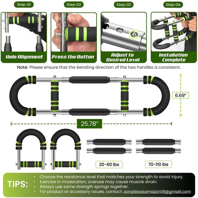 Alt view image 4 of 7 - Sortlyne Twister Arm Trainer, Adjustable 12 Resistance Levels, 20-110 Lbs with 4-Springs, Twister Arm Workout Bar for Upper Body Exerciser and Chest Workout Equipment, Portable Home Gym Chest Trainer