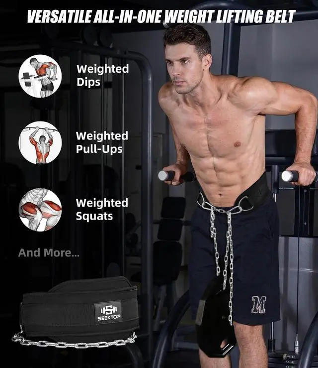 Alt view image 3 of 7 - Dip Belt for Weightlifting - GYM Workout Pull Ups Belt with Chain, Neoprene Waist Dip Belt Crossfit for Weight Lifting, Squat, Training, Fitness, Men & Women (Belt & Chain) (Black)