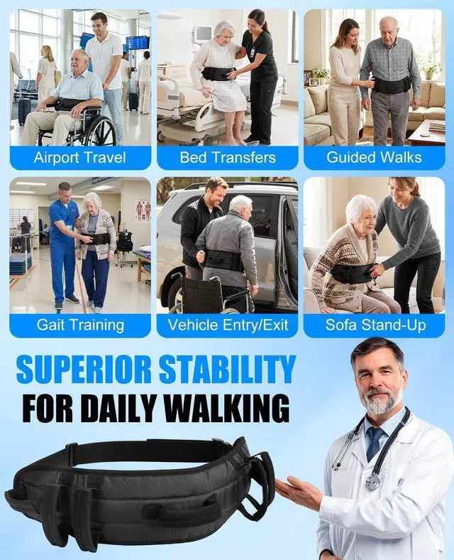 Alt view image 5 of 7 - Gait Belt for Senior with 7 Handles, 59" Anti-Slip Gate Belts medical for elderly, Transfer Belt with Quick Release Buckle, Elderly, Physical, Handicap, Bariatric Therapy, Black & Black