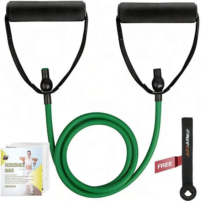 Main image of Single Resistance Exercise Band with Comfortable Handles - Ideal for Physical Therapy, Strength Training, Muscle Toning - Foam Padding Door Anchor and Starter Guide Included (Green(5-10lbs))