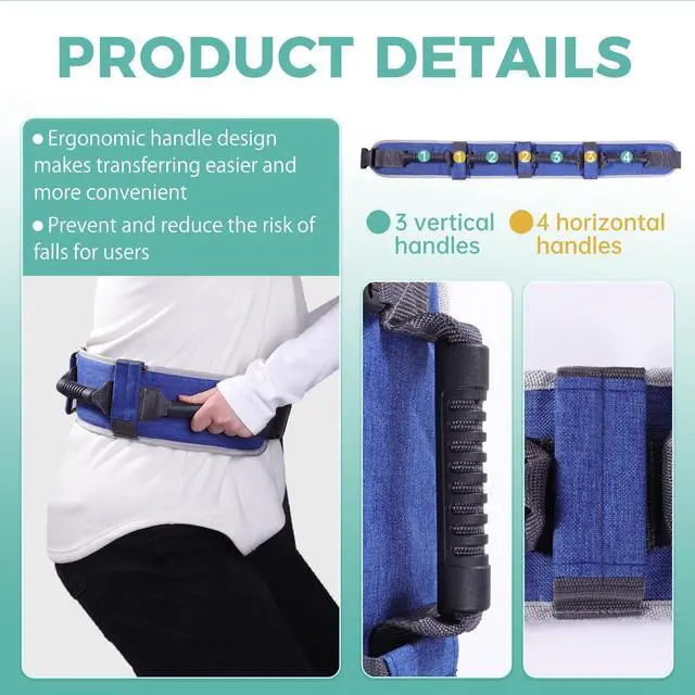 Alt view image 4 of 7 - Adjustable Gait Belt with Handles for Lifting Seniors, Safety Gait Transfer Belt for Patient Lift Assist, Physical Therapy Strap with Quick-Release Buckle for Elderly and Disabled (Blue)