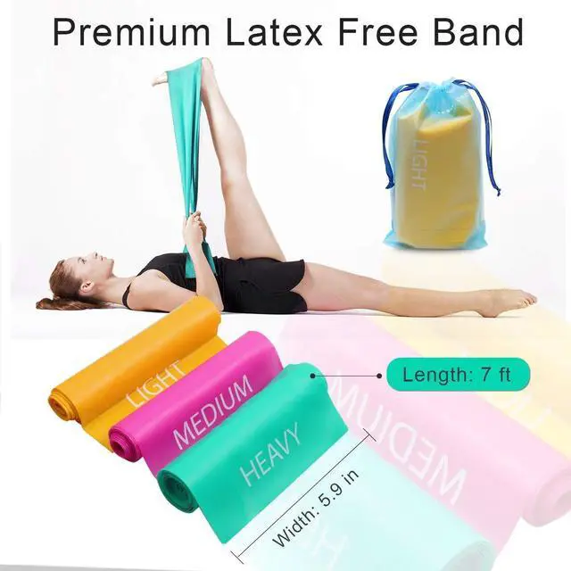 Alt view image 3 of 7 - 7FT. Long Latex Free Elastic Flat Exercise Band Set of 3 with Carry Bag, Wide Fitness Resistance Bands for Pilates, Gym, Physical Therapy, Yoga, Carry Bag, Green & Yellow & Rose Red