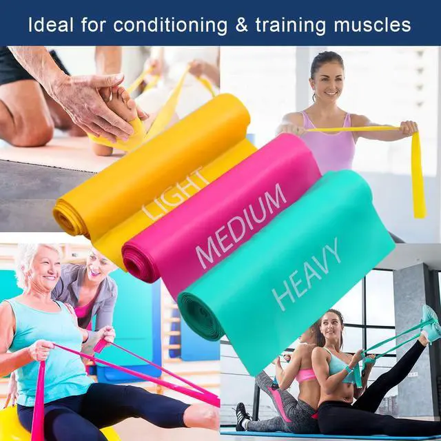 Alt view image 5 of 7 - 7FT. Long Latex Free Elastic Flat Exercise Band Set of 3 with Carry Bag, Wide Fitness Resistance Bands for Pilates, Gym, Physical Therapy, Yoga, Carry Bag, Green & Yellow & Rose Red