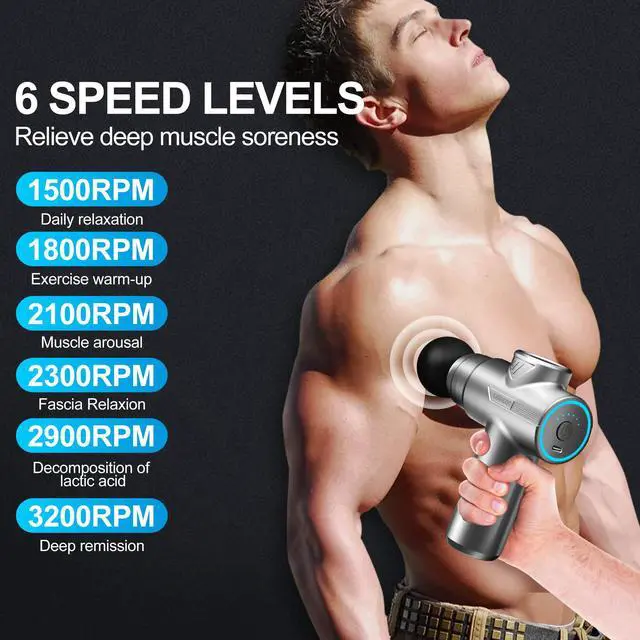 Alt view image 4 of 6 - Mini Massage Gun, Deep Tissue Relief, 6 Speeds, 4 Heads, Portable for Travel, Office & Home, Gift for Men & Women (Gray)