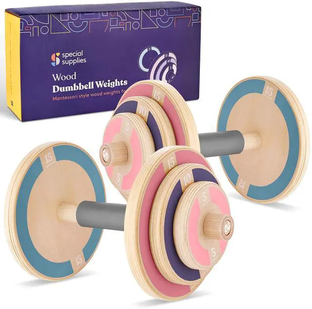 Main image of Kids Wooden Workout Play Weights Set - Adjustable Dumbbells and Barbell Set for Home Gym Equipment, Exercise Workout Set for Fitness Activities (Dumbbells)