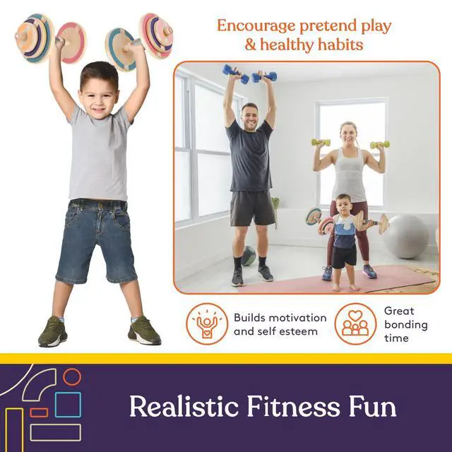 Alt view image 2 of 7 - Kids Wooden Workout Play Weights Set - Adjustable Dumbbells and Barbell Set for Home Gym Equipment, Exercise Workout Set for Fitness Activities (Dumbbells)