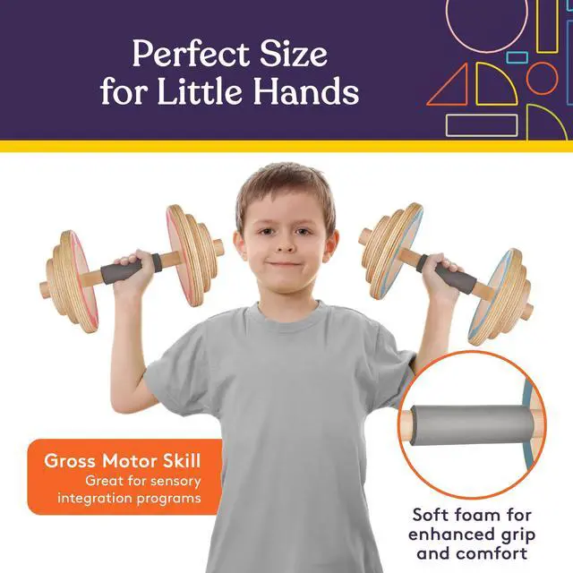 Alt view image 4 of 7 - Kids Wooden Workout Play Weights Set - Adjustable Dumbbells and Barbell Set for Home Gym Equipment, Exercise Workout Set for Fitness Activities (Dumbbells)