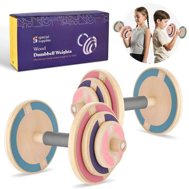 Alt view image 7 of 7 - Kids Wooden Workout Play Weights Set - Adjustable Dumbbells and Barbell Set for Home Gym Equipment, Exercise Workout Set for Fitness Activities (Dumbbells)