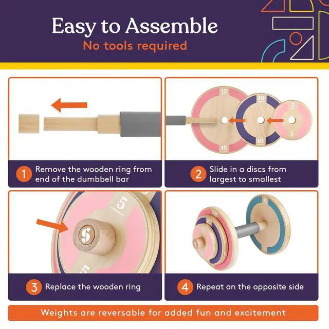 Alt view image 6 of 7 - Kids Wooden Workout Play Weights Set - Adjustable Dumbbells and Barbell Set for Home Gym Equipment, Exercise Workout Set for Fitness Activities (Dumbbells)