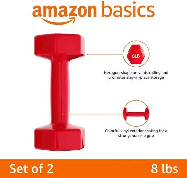 Alt view image 2 of 4 - Vinyl Coated Hexagon Dumbbell Hand Weights with Non-Slip Grip, 8 lbs, Steel Core for Gym Exercise Workout, Red, Pair