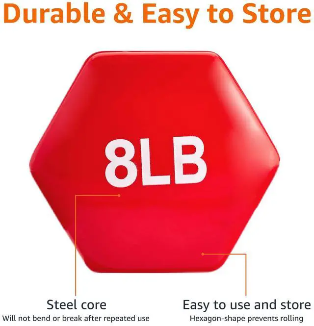 Alt view image 3 of 4 - Vinyl Coated Hexagon Dumbbell Hand Weights with Non-Slip Grip, 8 lbs, Steel Core for Gym Exercise Workout, Red, Pair