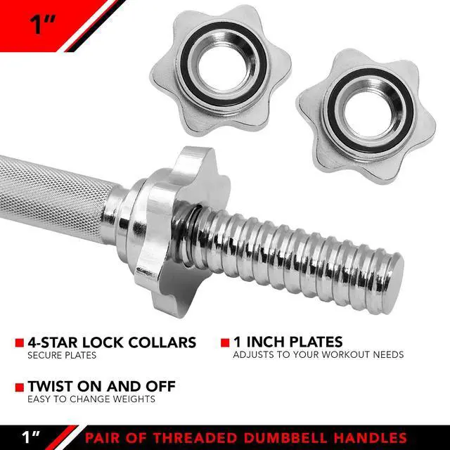 Alt view image 3 of 4 - Threaded Dumbbell Handles, Set of 2, with Star Collars, Fits 1 Standard Plates