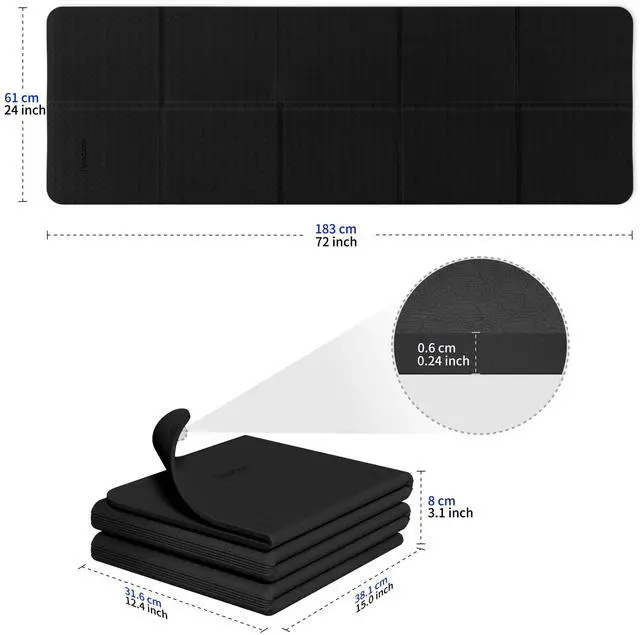 Alt view image 2 of 7 - Foldable Yoga Mat for Travel Folding Yoga Mat 6mm Thick with Carrying Bag, Non-Slip TPE Exercise Pilates Mat for 72" L x 24" W x 0.24 Inch (Black)