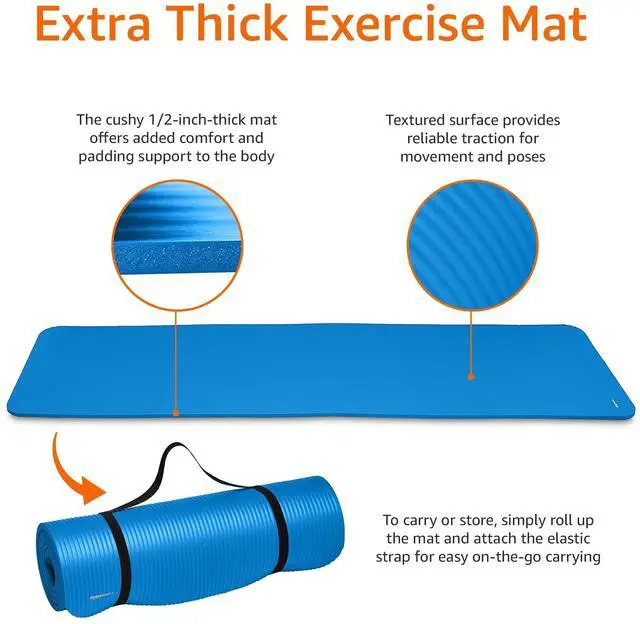 Alt view image 4 of 6 - 1/2 Inch Extra Thick Exercise Yoga Mat with Carrying Strap for Home Workouts and Fitness, Non-Slip, Cushioned Support, 74" x 24" x 0.5", Blue