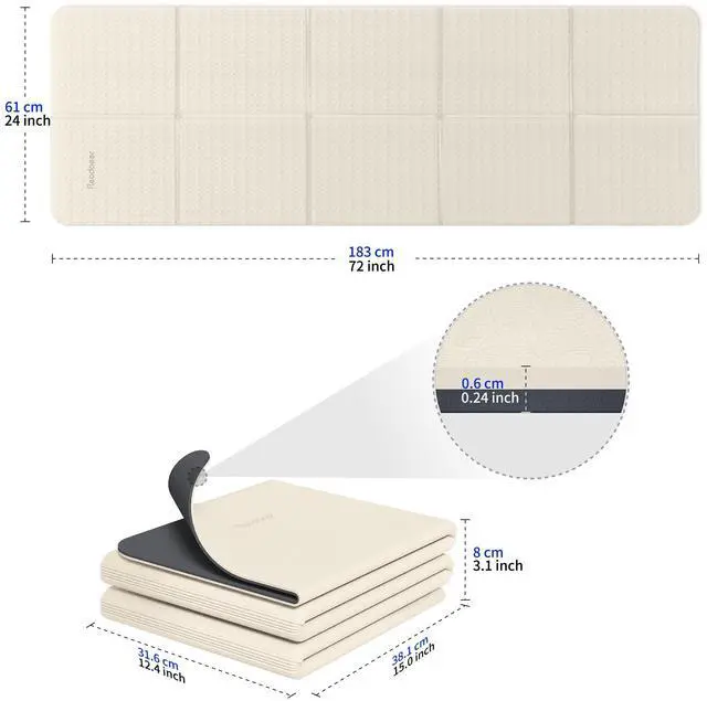 Alt view image 3 of 7 - Foldable Yoga Mat for Travel Folding Yoga Mat 6mm Thick with Carrying Bag, Non-Slip TPE Exercise Pilates Mat for 72" L x 24" W x 0.24 Inch (Beige)