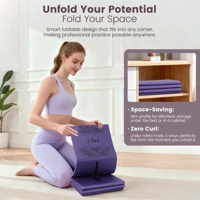 Alt view image 3 of 7 - Foldable Yoga Mat and Blocks Set for Women with 2 Pack Yoga Blocks and Strap,Thin Non Slip Pilates Mat with Bag, Home Workout Equipment Essentials Starter Kit for Beginners Full Body Toning