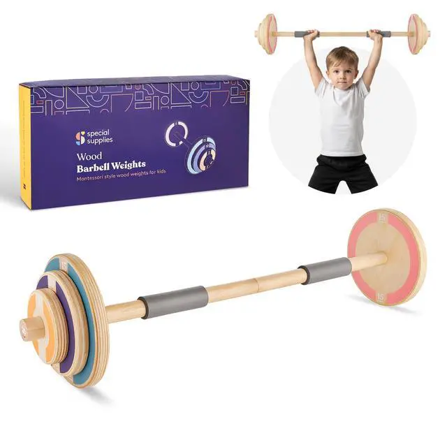 Main image of Kids Wooden Workout Play Weights Set - Adjustable Dumbbells and Barbell Set for Home Gym Equipment, Exercise Workout Set for Fitness Activities (Barbell)