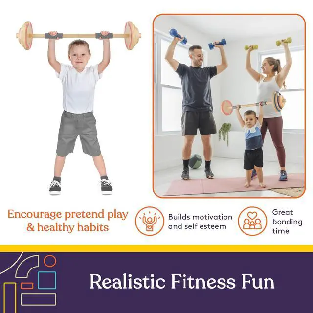 Alt view image 2 of 7 - Kids Wooden Workout Play Weights Set - Adjustable Dumbbells and Barbell Set for Home Gym Equipment, Exercise Workout Set for Fitness Activities (Barbell)
