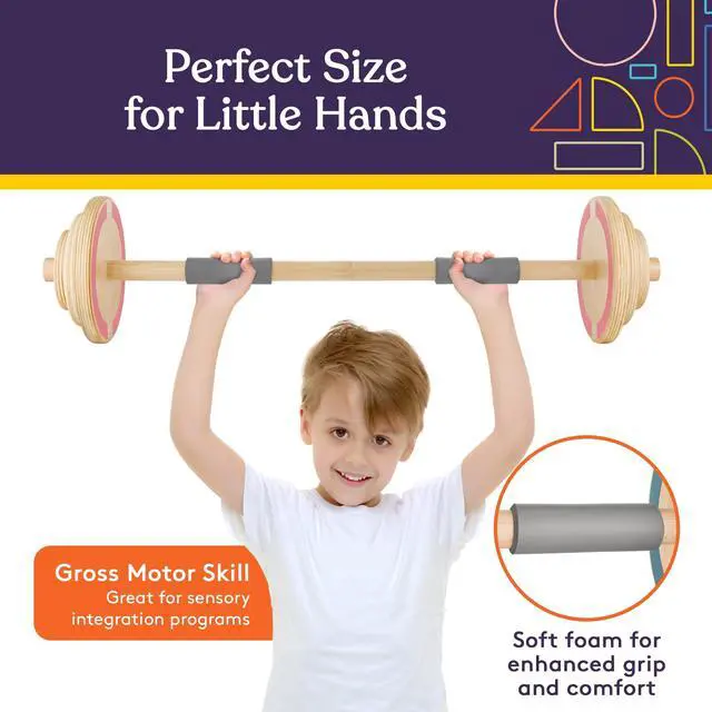 Alt view image 4 of 7 - Kids Wooden Workout Play Weights Set - Adjustable Dumbbells and Barbell Set for Home Gym Equipment, Exercise Workout Set for Fitness Activities (Barbell)
