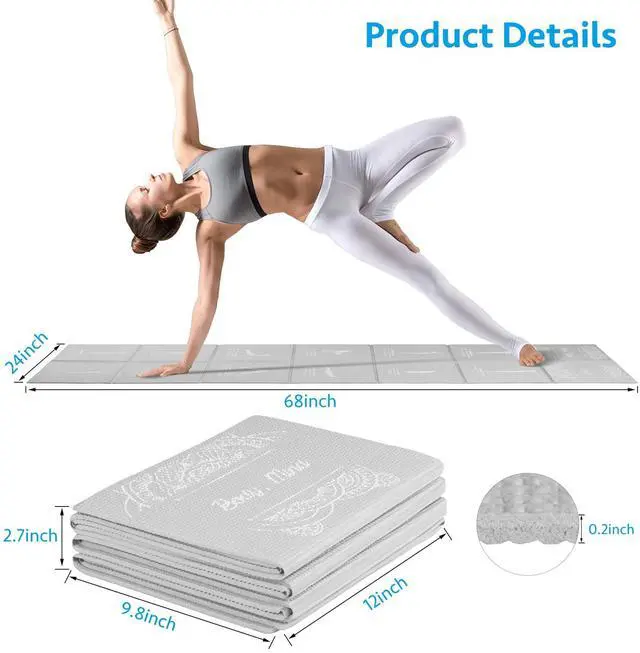 Alt view image 2 of 6 - Foldable Yoga Mat for Women, Non Slip Exercise Mat for Home Gym, 5mm Travel Yoga Mats Set With Stretch Strap for Yoga Pilates and Fitness, 68"L x 24"W x 0.2 Inch Thick