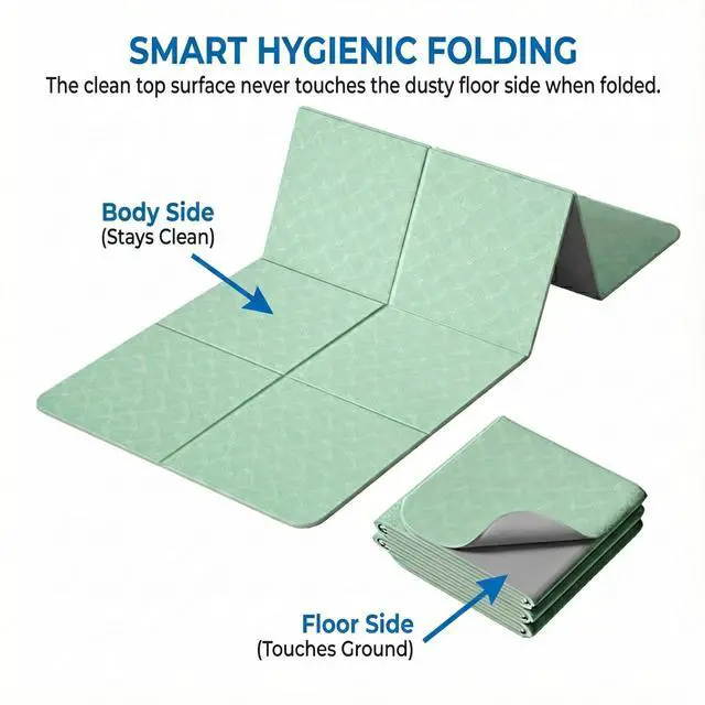 Alt view image 4 of 6 - Foldable Yoga Mat 10 mm Thick Extra Wide 72"x28", Non Slip Travel Exercise Pad, TPE Compact Folding Pilates Floor Cushion for Home Gym & Nap, Mint Green