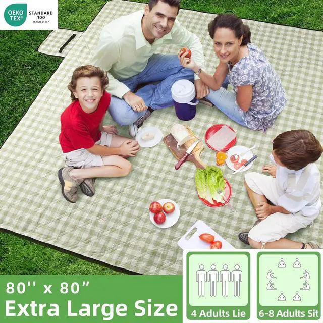 Alt view image 2 of 7 - Extra Large Picnic Outdoor Blanket, 80''x80'' Waterproof Foldable Blankets Gingham Picnic Mat for Beach, Camping Grass Lawn Park Accessories Cute Couple Gifts Ideas Wedding Registry(Green White)