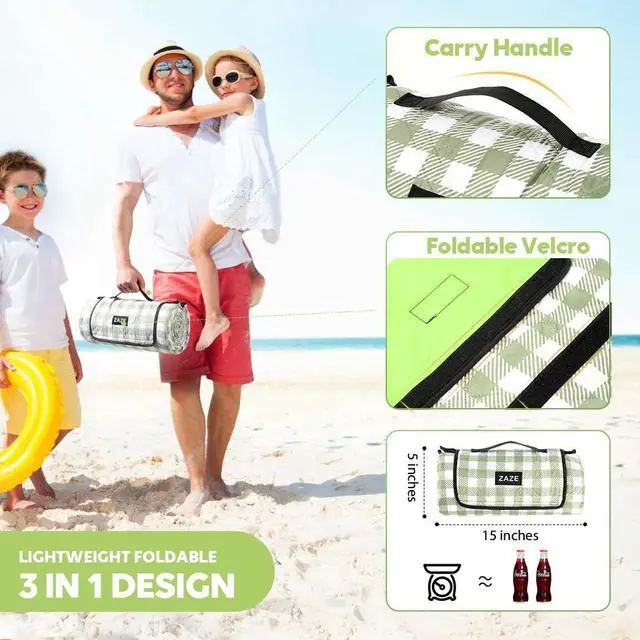 Alt view image 6 of 7 - Extra Large Picnic Outdoor Blanket, 80''x80'' Waterproof Foldable Blankets Gingham Picnic Mat for Beach, Camping Grass Lawn Park Accessories Cute Couple Gifts Ideas Wedding Registry(Green White)
