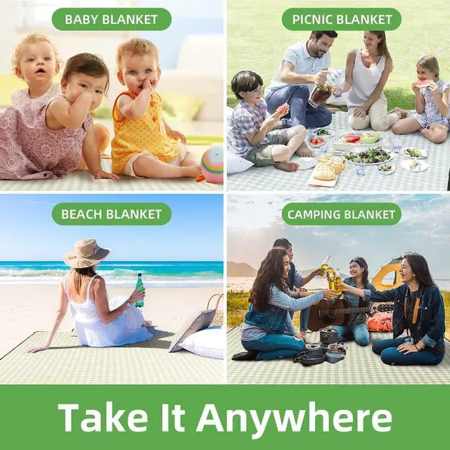 Alt view image 7 of 7 - Extra Large Picnic Outdoor Blanket, 80''x80'' Waterproof Foldable Blankets Gingham Picnic Mat for Beach, Camping Grass Lawn Park Accessories Cute Couple Gifts Ideas Wedding Registry(Green White)
