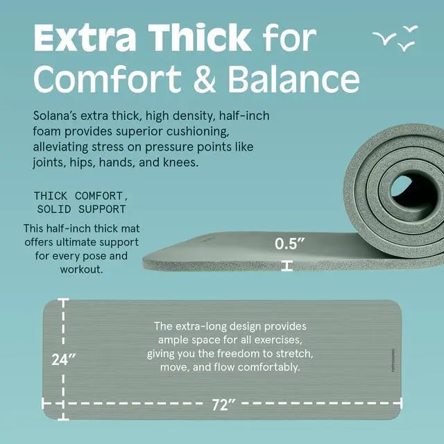 Alt view image 3 of 7 - Solana Yoga Mat 1/2" Thick w/Nylon Strap for Men & Women - Non Slip Excercise Mat for Yoga, Pilates, Stretching, Floor & Fitness Workouts