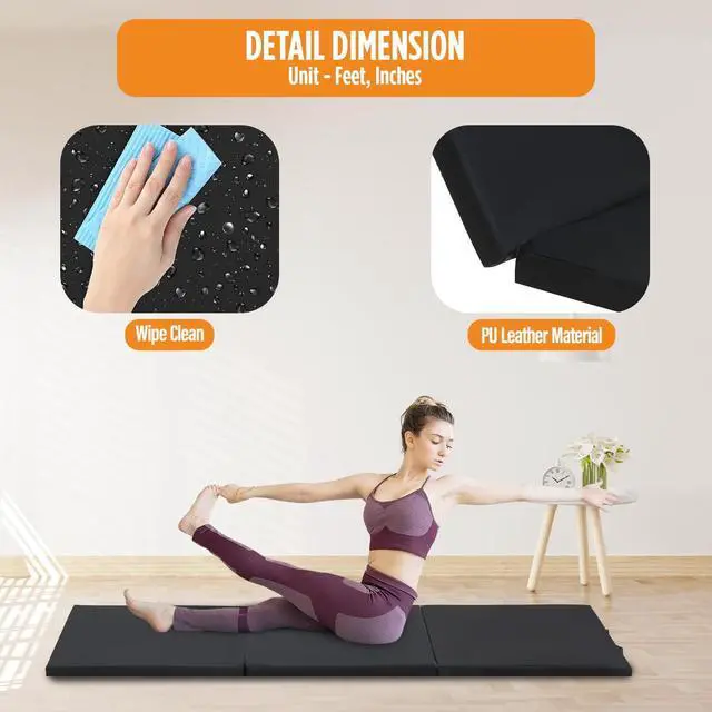 Alt view image 6 of 7 - Gymnastics Mats Foldable Tumbling Mats Portable Gymnastics Exercise Mat Thick Gymnastics Tumbling Mats Pad Home Exercise Panel Mat With Carrying Handles(3 Folding 2FT L 6FT W,Black)