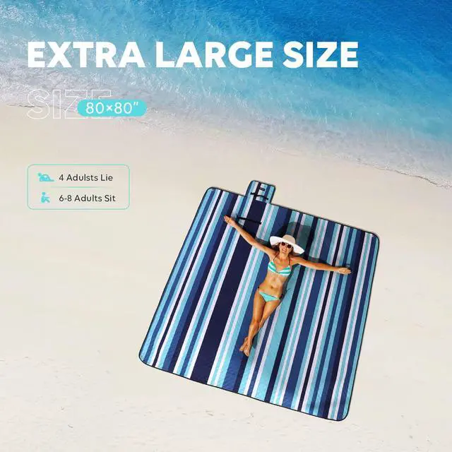 Alt view image 2 of 7 - Picnic Blankets Beach Blanket, 80''x80'' Extra Large Thick 3-Layers, Sandproof Machine Washable Waterproof Foldable Oversized XL Outdoor Mat, for Camping, Park, Travel, Grass(Blue White Stripe)