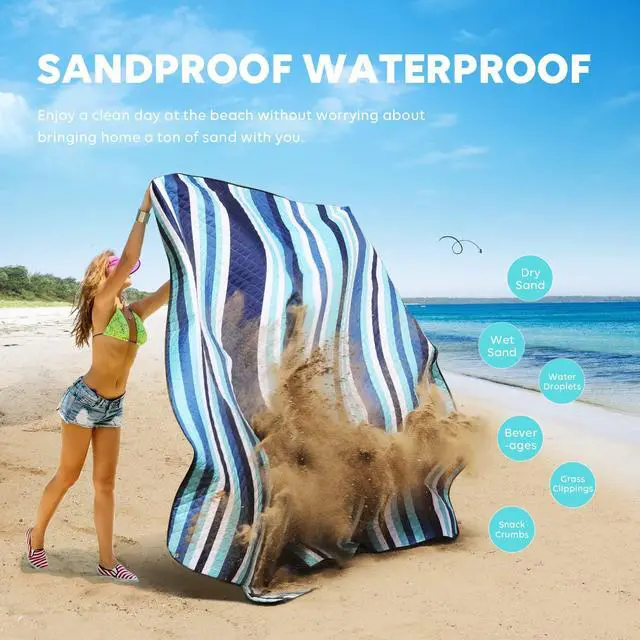 Alt view image 5 of 7 - Picnic Blankets Beach Blanket, 80''x80'' Extra Large Thick 3-Layers, Sandproof Machine Washable Waterproof Foldable Oversized XL Outdoor Mat, for Camping, Park, Travel, Grass(Blue White Stripe)
