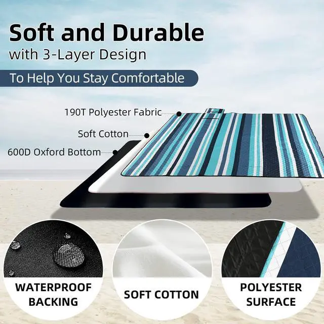 Alt view image 3 of 7 - Picnic Blankets Beach Blanket, 80''x80'' Extra Large Thick 3-Layers, Sandproof Machine Washable Waterproof Foldable Oversized XL Outdoor Mat, for Camping, Park, Travel, Grass(Blue White Stripe)