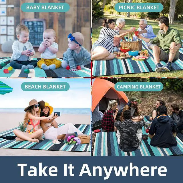 Alt view image 7 of 7 - Picnic Blankets Beach Blanket, 80''x80'' Extra Large Thick 3-Layers, Sandproof Machine Washable Waterproof Foldable Oversized XL Outdoor Mat, for Camping, Park, Travel, Grass(Blue White Stripe)