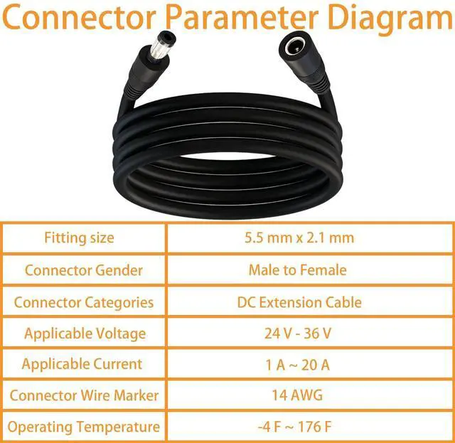 Alt view image 5 of 7 - 1pcs 14AWG 5521mm Male-to-Female Connector, 12V/24V/36V DC Extension Cable(Black), Suitable for Surveillance Cameras, Vehicle Refrigerators, Solar Panels, and Portable Outdoor Power Supplies 9.8ft