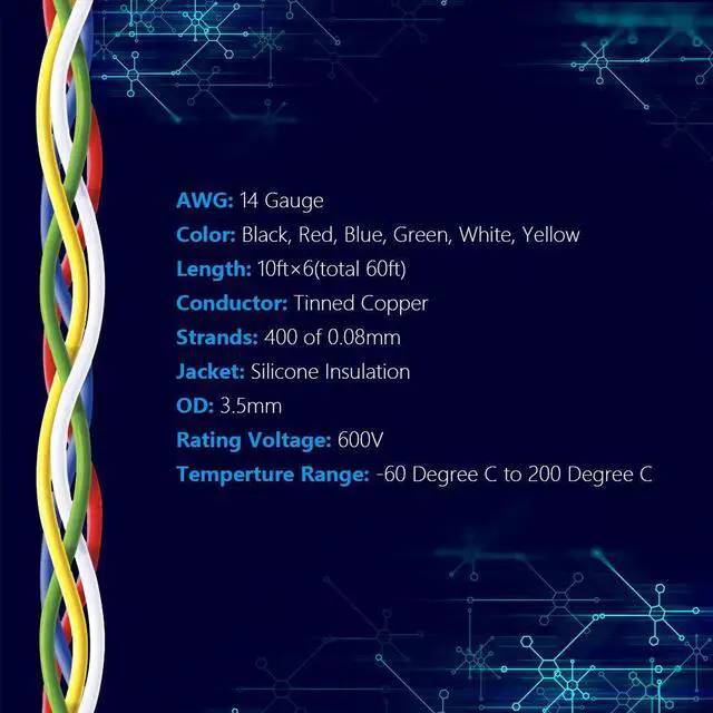 Alt view image 2 of 7 - 14 AWG Stranded Wire Spool 10ft Each 6 Colors Flexible 14 Gauge Silicone Hook up Wire Kit Electrical Tinned Copper Wire