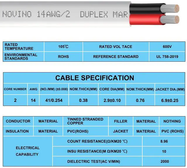 Alt view image 6 of 7 - 14 Gauge Marine Wire,14 AWG 30ft 14/2 Duplex Marine Grade Wire,Tinned Copper Oxygen-Free Boat Electrical Cable for Boat/Automotive/RV/Solar/LED Strips