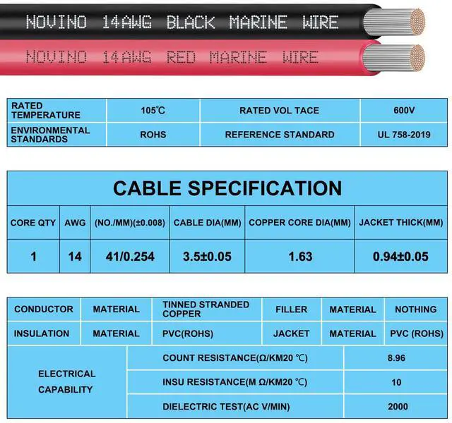 Alt view image 4 of 7 - 14 Gauge Marine Wire 14 AWG Marine Grade Wire Include 14 Gauge 30FT Red & 30FT Black,14AWG Oxygen-Free Tinned Copper Electrical Cable for Automotive Boat Outdoor RV Camper