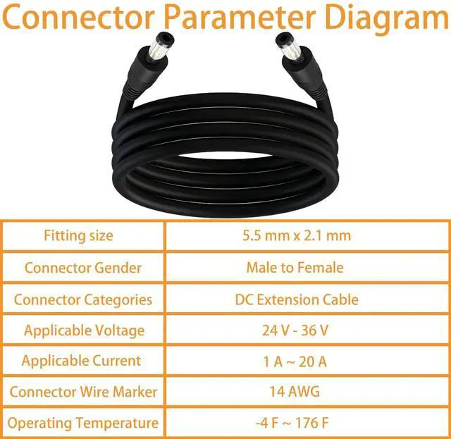 Alt view image 5 of 7 - 9.8FT 14AWG 5521mm Male-to-Male Connector, 12V/24V/36V DC Extension Cable(Black), Suitable for LED Strip, CCTV Camera, Car Cooler, Solar Panel 1PCS
