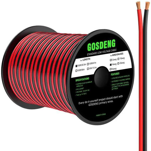 Main image of 14 Gauge Wire 100FT, 2 Conductors Electrical Wire Red and Black Cable, Low Voltage/PVC 14AWG Copper Clad Aluminum Extension Cord for Speaker Wire, LED, Car, Automotive 12V/24V DC