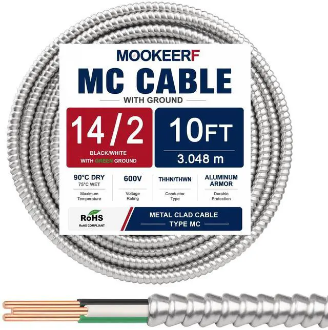 Main image of 14/2 MC Cable with Ground - 10FT Pure Copper 14AWG/2 Metal Clad Wire with Aluminum Armor 14 Gauge 2 Conductor Type MC Alum Cable