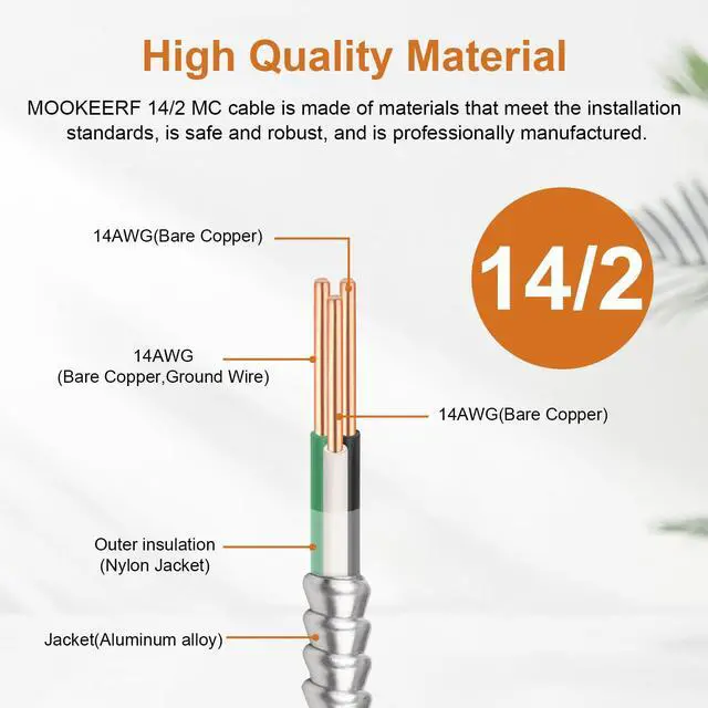 Alt view image 2 of 6 - 14/2 MC Cable with Ground - 10FT Pure Copper 14AWG/2 Metal Clad Wire with Aluminum Armor 14 Gauge 2 Conductor Type MC Alum Cable