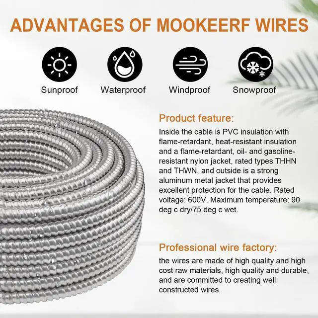 Alt view image 3 of 6 - 14/2 MC Cable with Ground - 10FT Pure Copper 14AWG/2 Metal Clad Wire with Aluminum Armor 14 Gauge 2 Conductor Type MC Alum Cable